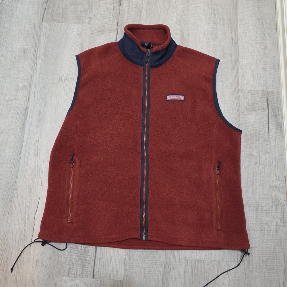 Vineyard Vines Men's Large Harbor Fleece Vest Red Full Zip Pockets Logo Outdoor